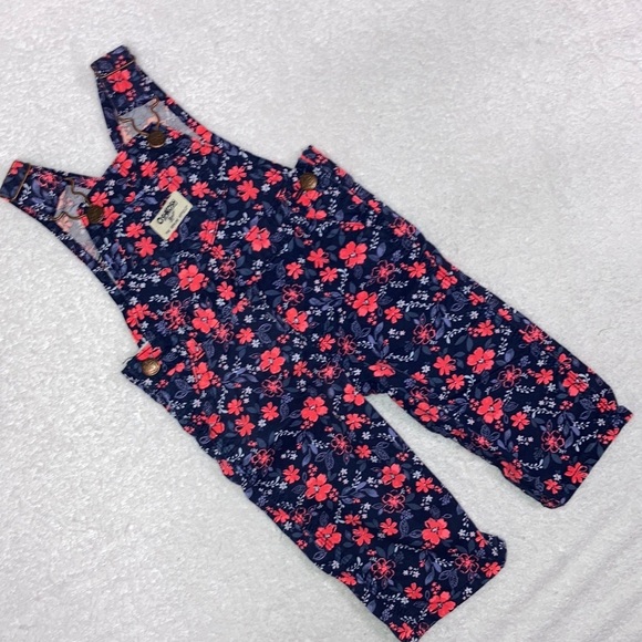 OshKosh B'gosh Other - Oshkosh bright pink floral lightweight navy overalls 6m